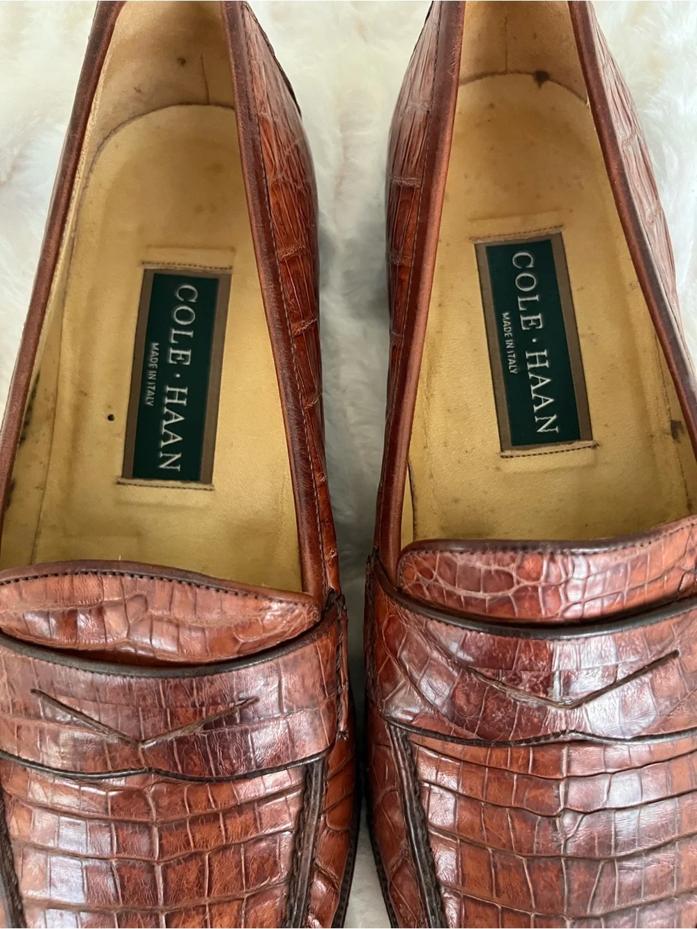 Cole Haan Vintage Genuine Caramel Brown Crocodile Leather Penny Loafers Size 8.5